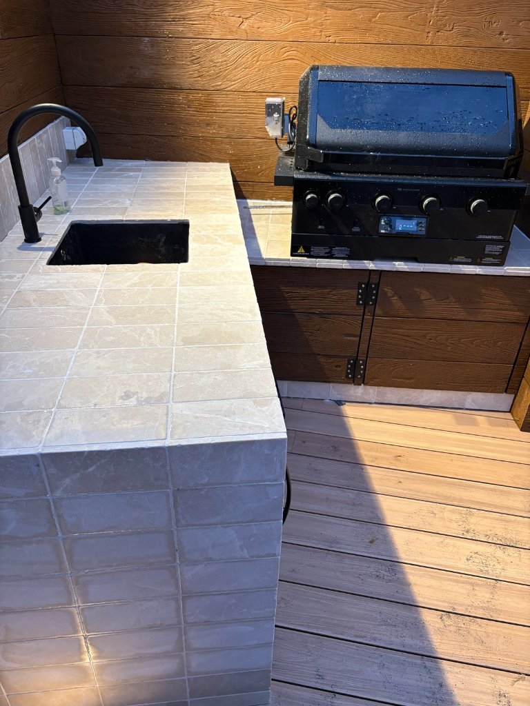 Tiled benchtop and undermount sink detail outdoor kitchen Eastern Suburbs Sydney