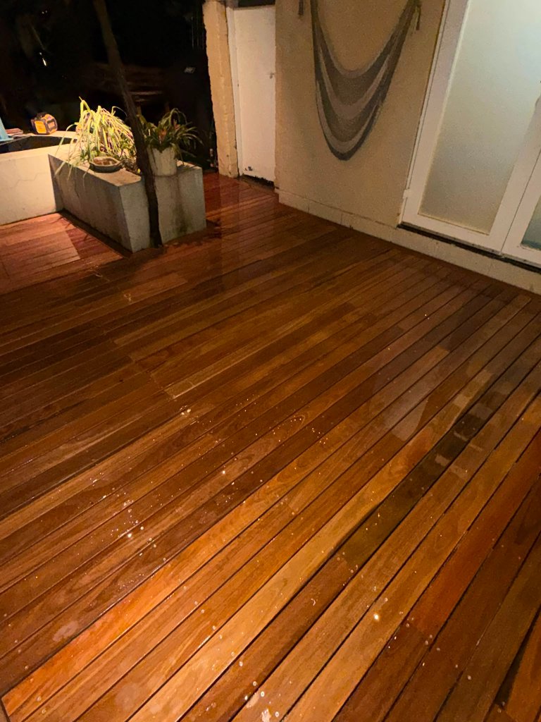Spotted Gum deck detail showing tight grain and stainless steel fixings